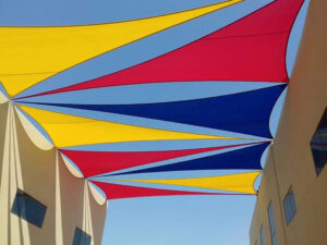 Close-up of colorful tensile membrane shade structure uae