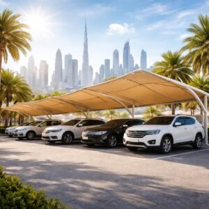 cars parked under parking shades in uae