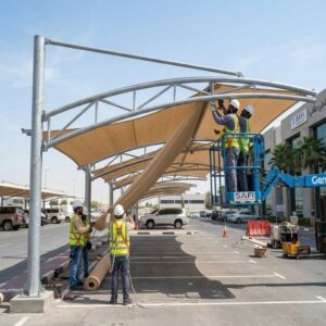 workers doing car parking shade installation in uae